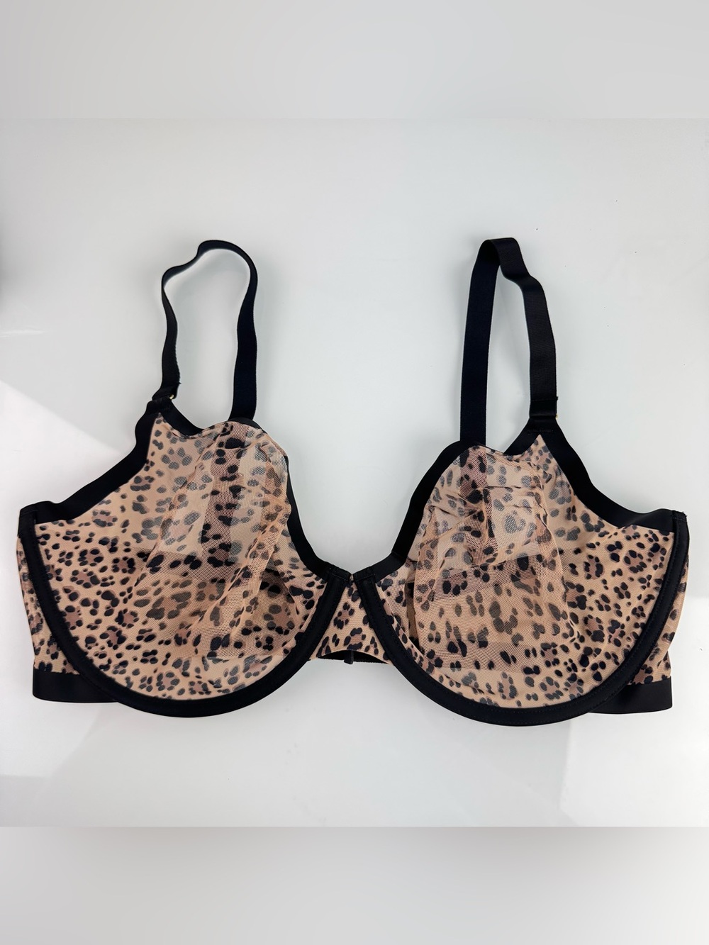 CUUP The Plunge Bra Sheer Mesh Leopard Cheetah Animal Print Gold Hardware Brown